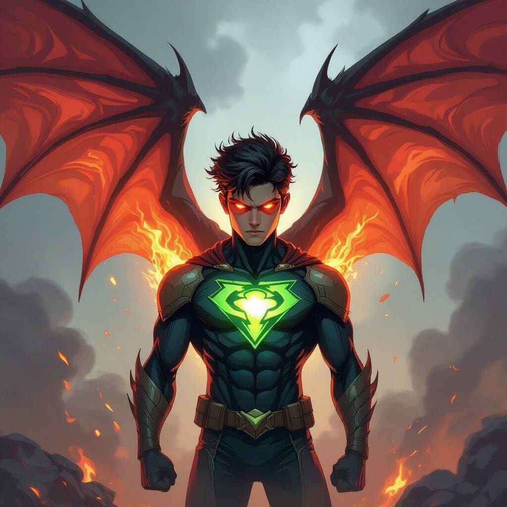 Teen Dragon-Human Hybrid Superhero with Crimson Wings