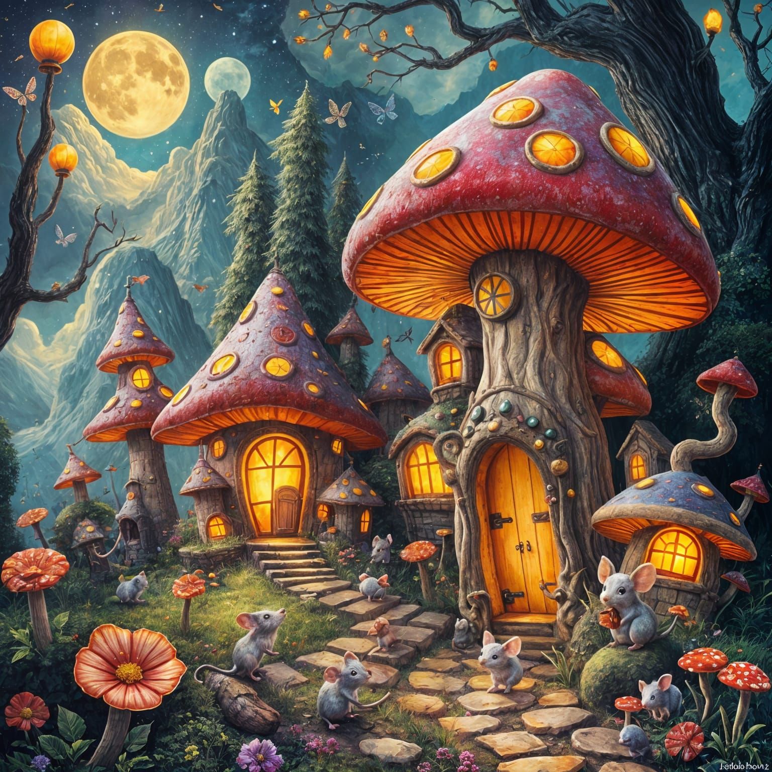 Vibrant Mushroom Village in Whimsical Wonderland