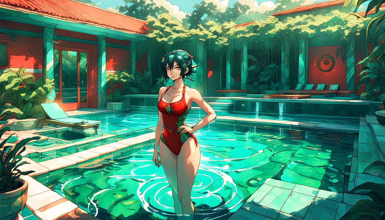 Anime Girl in Red Swimsuit by Pool: Digital Art