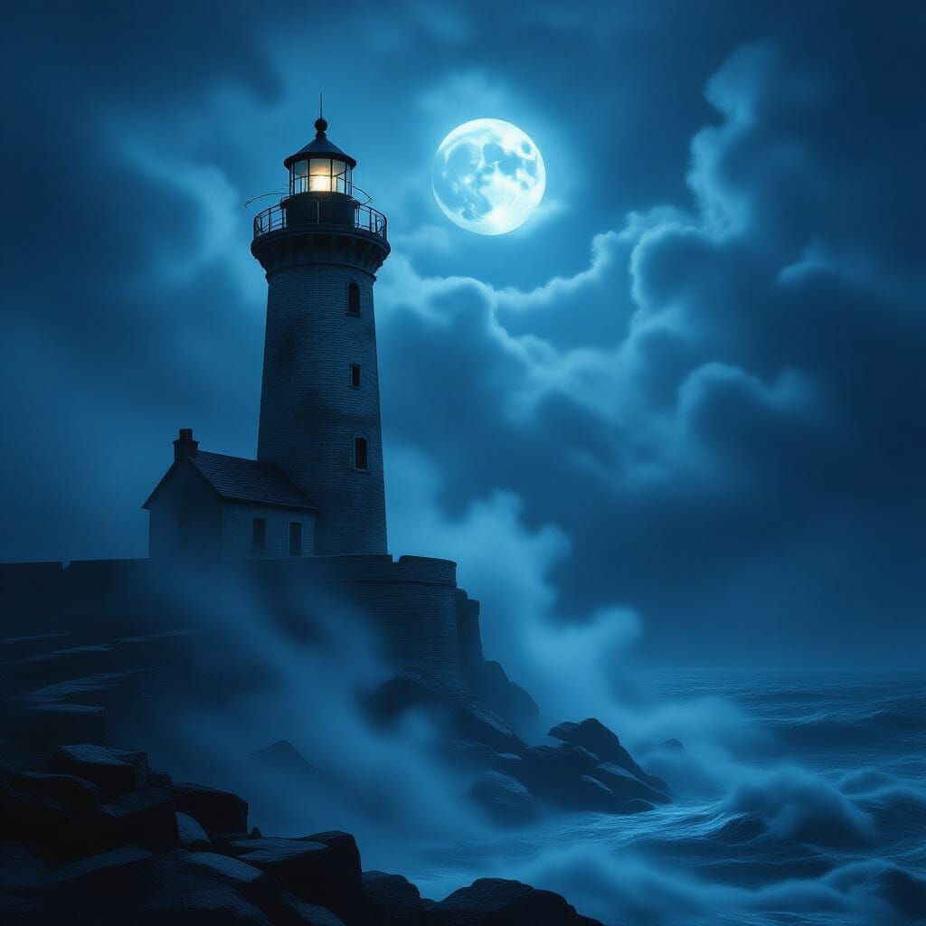 Eerie Lighthouse in Foggy Night Amidst Dark Sea