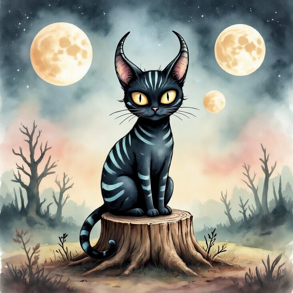 Alien Black Cat on an Alien Planet: Watercolor