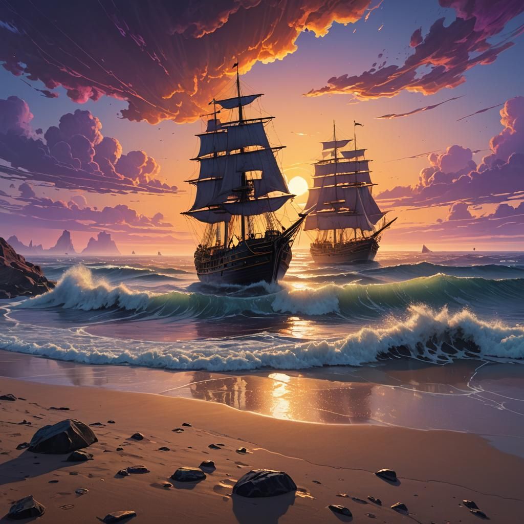 Epic Ship Sails Beach at Sunset: Digital Matte Painting