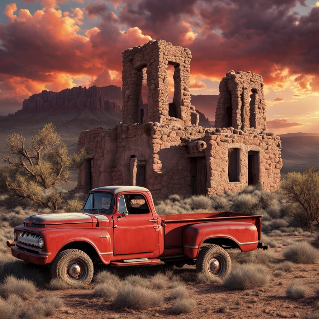 Vintage Red Pickup Drive to Villanueva Ruins