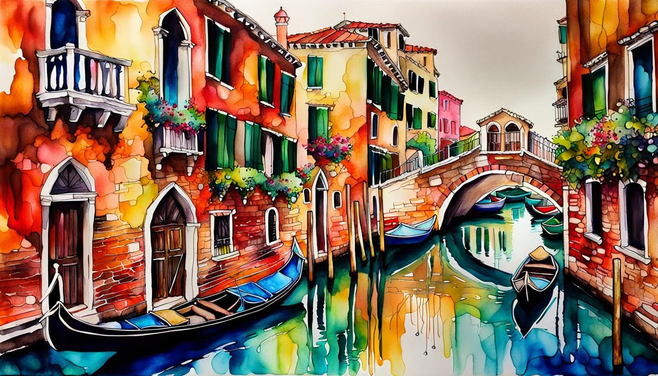 Venice Canals in Hyperdetailed Alcohol Ink Style