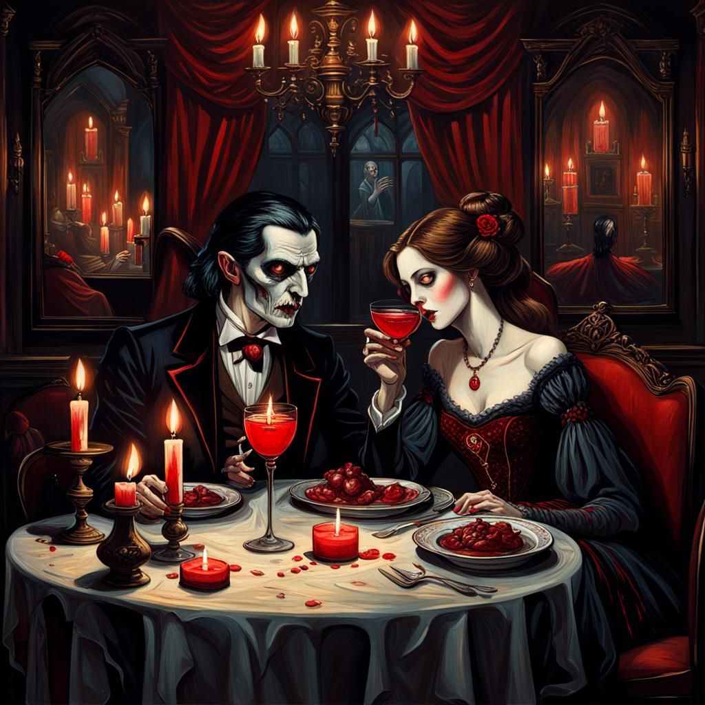 Dracula's Romantic Dinner: A Gothic Oil Painting