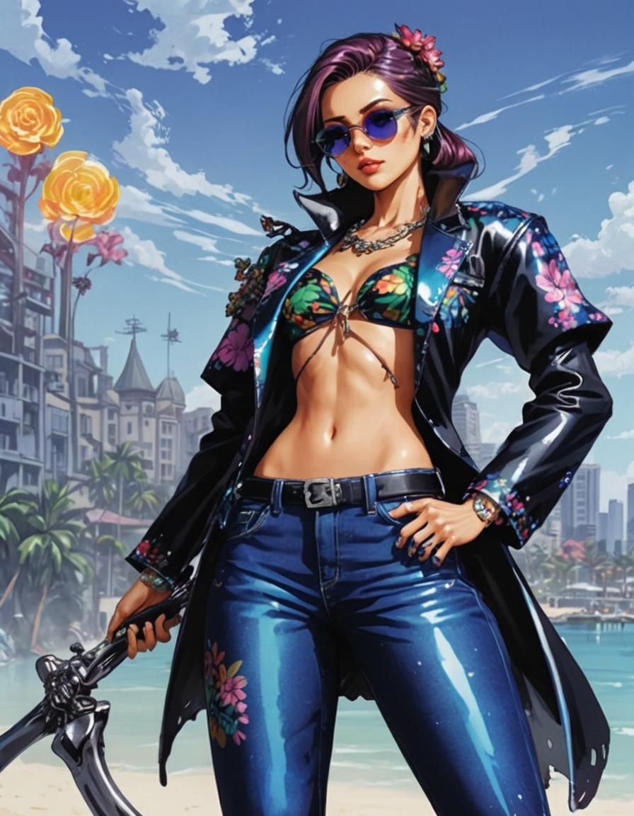 Cool Skeleton Character on a Neon Beach, Manga Style