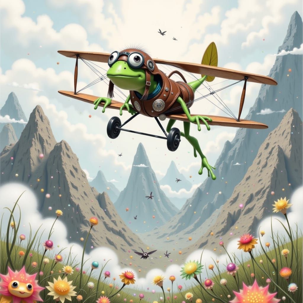 Kermit the Frog Flies a Biplane in Watercolor Style