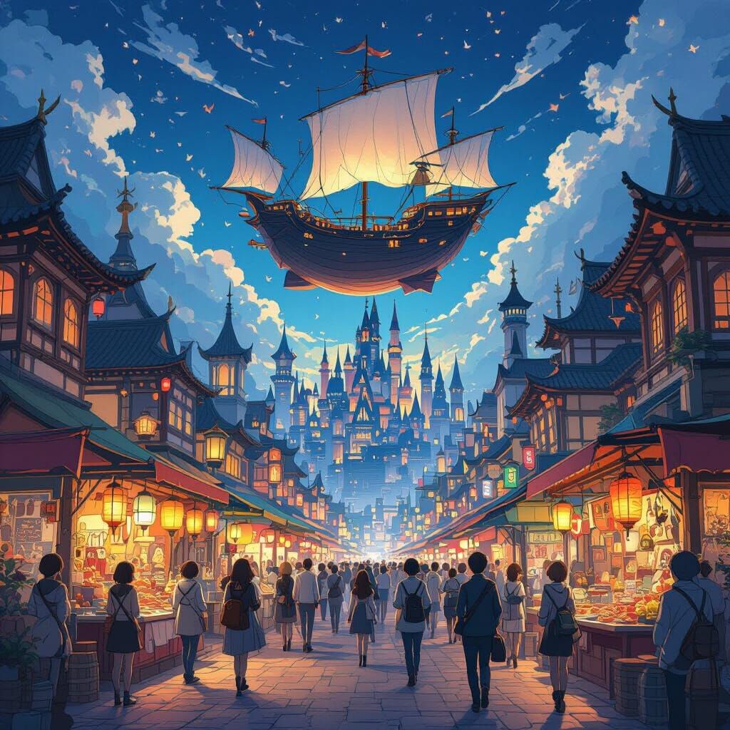 Vibrant Fantasy Night Market with Flying Castle
