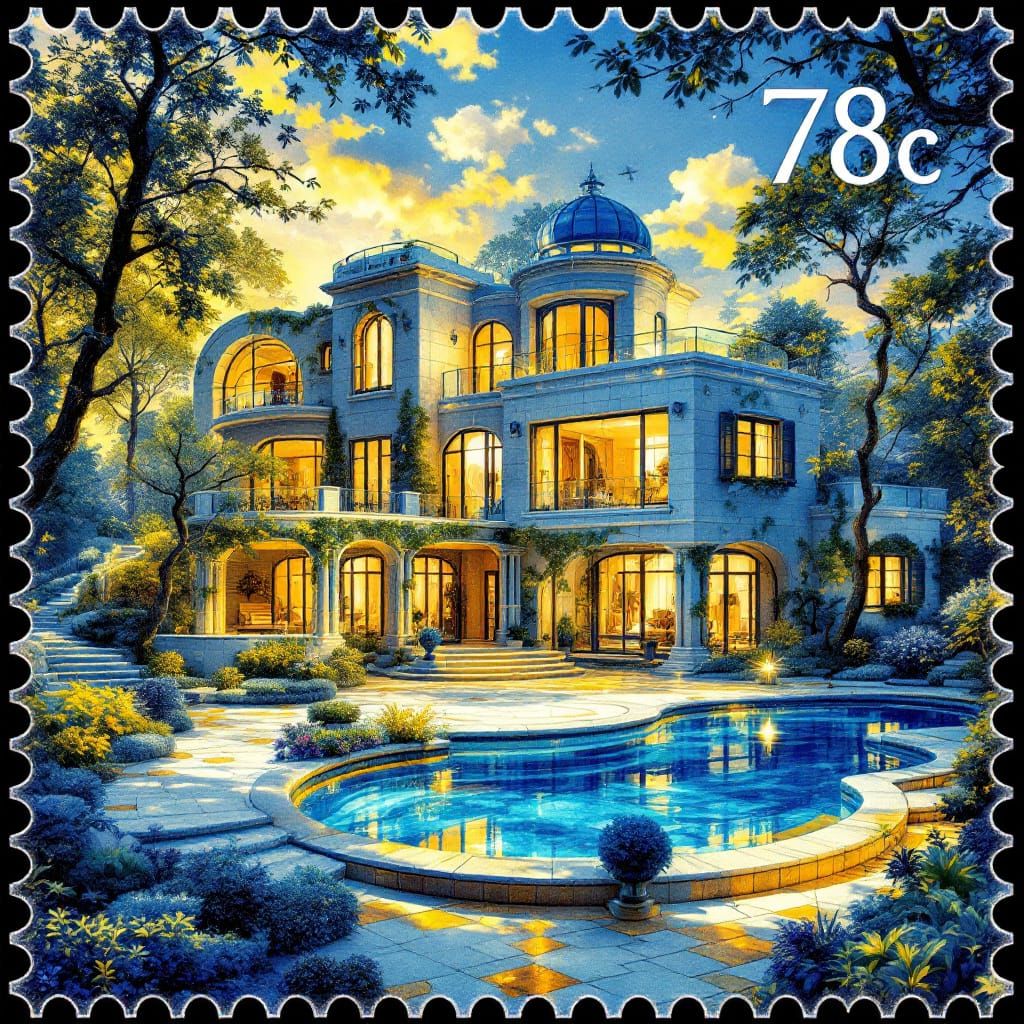 A postage stamp with "78c" on it depicting a gorgeous villa ...