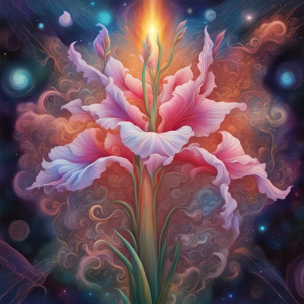 Holographic Celestial Gladiola Flower in Mixed Media