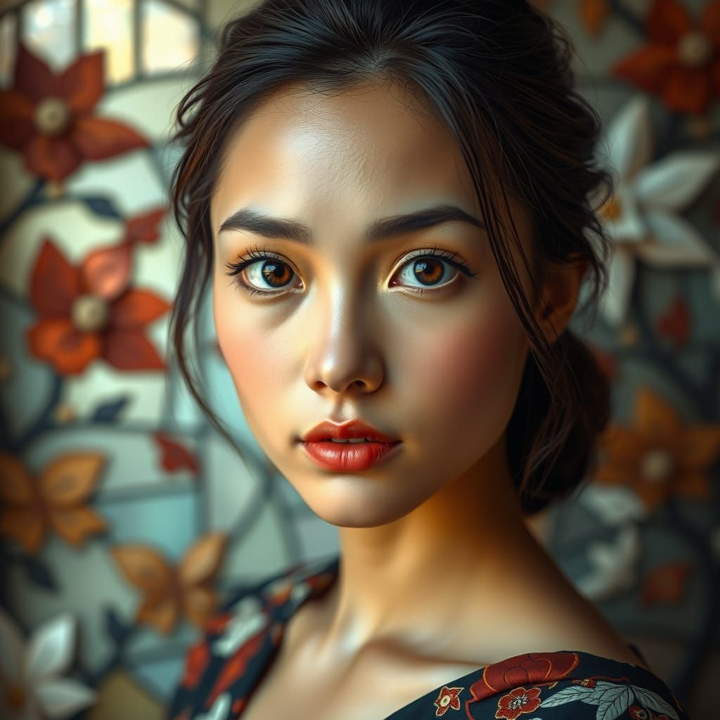 Beautiful Woman Portrait with Japanese Origami Backdrop