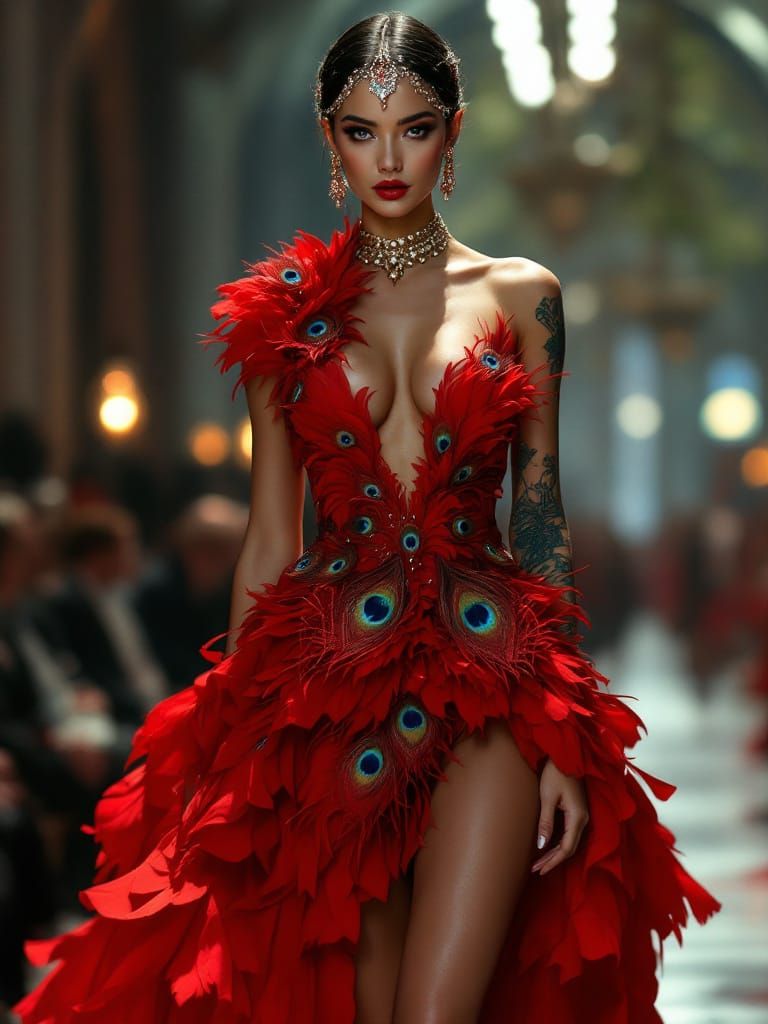 Regal Woman in Peacock Feather Dress on Runway
