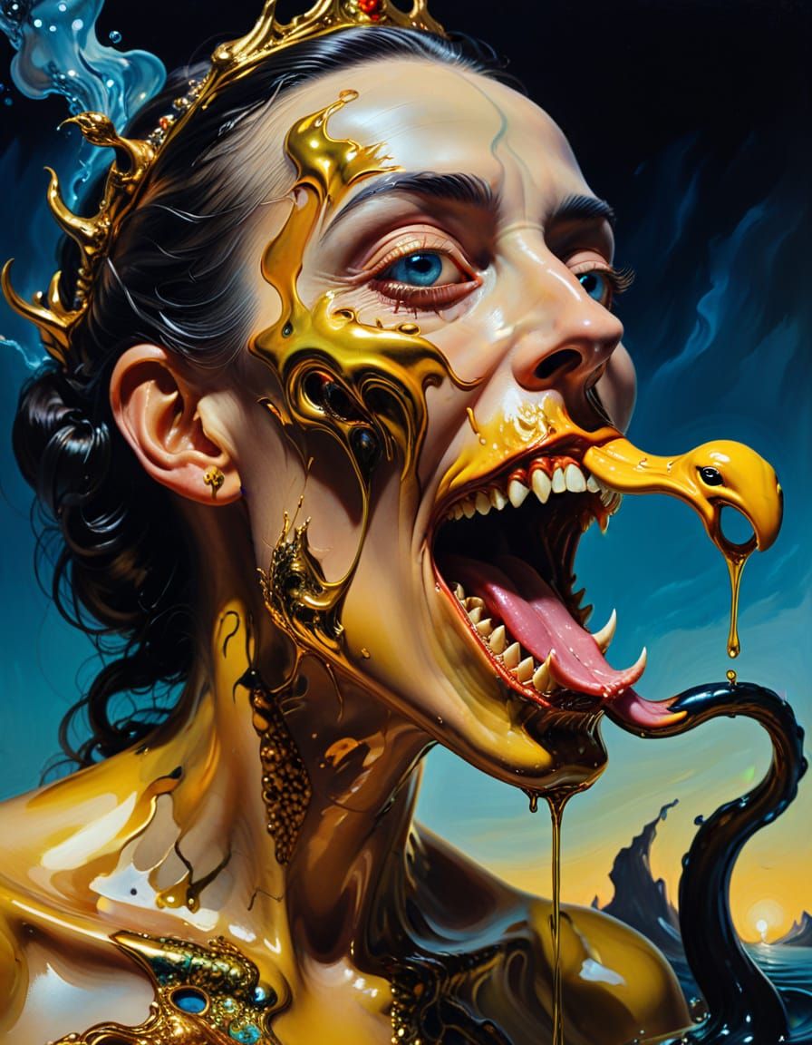 Surreal Serpent Queen Eats Duck in Oil Painting Style