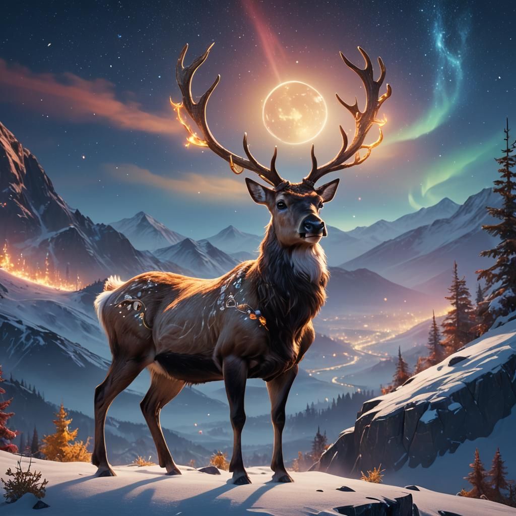 Reindeer on Snowy Peak in Fantasy Matte Painting