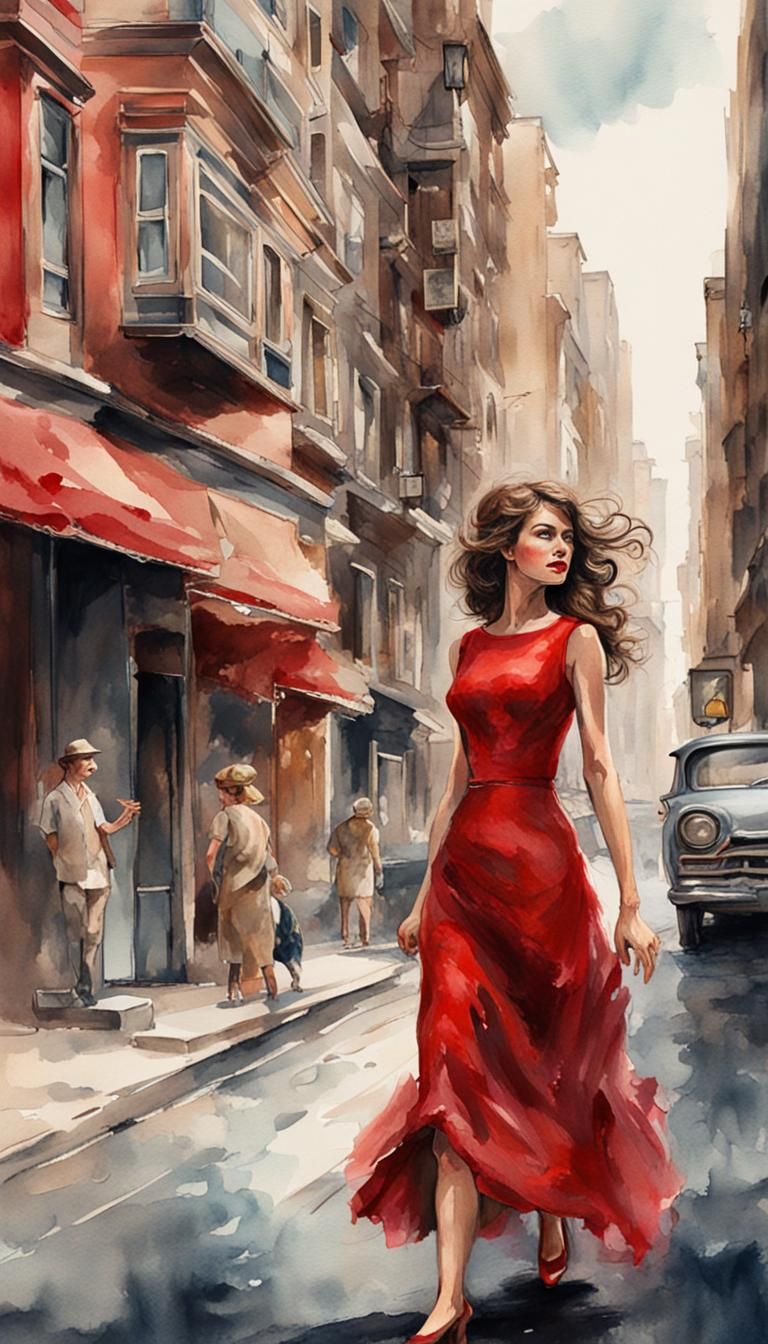 Woman in Red Dress: Watercolor City Scene