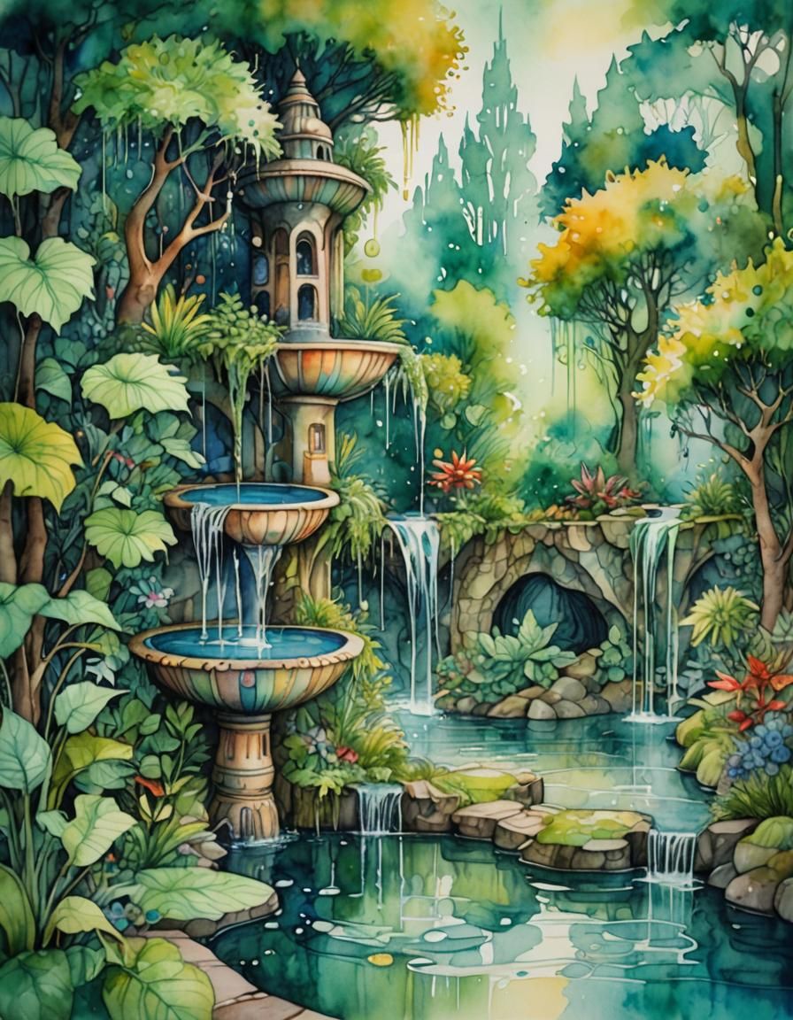 Magical Fountain in Hundertwasser Watercolor Style