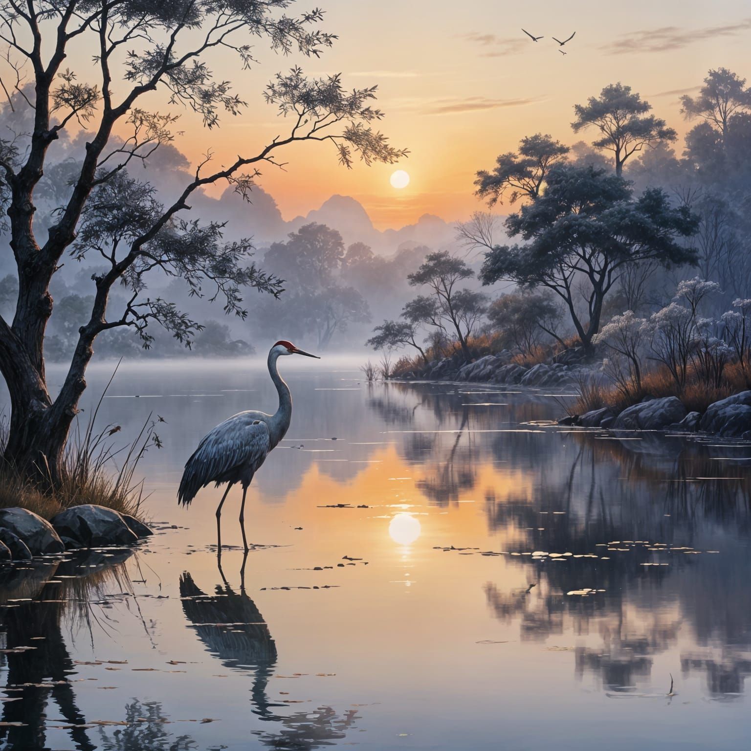 Chinese Ink Painting of Crane at Sunset