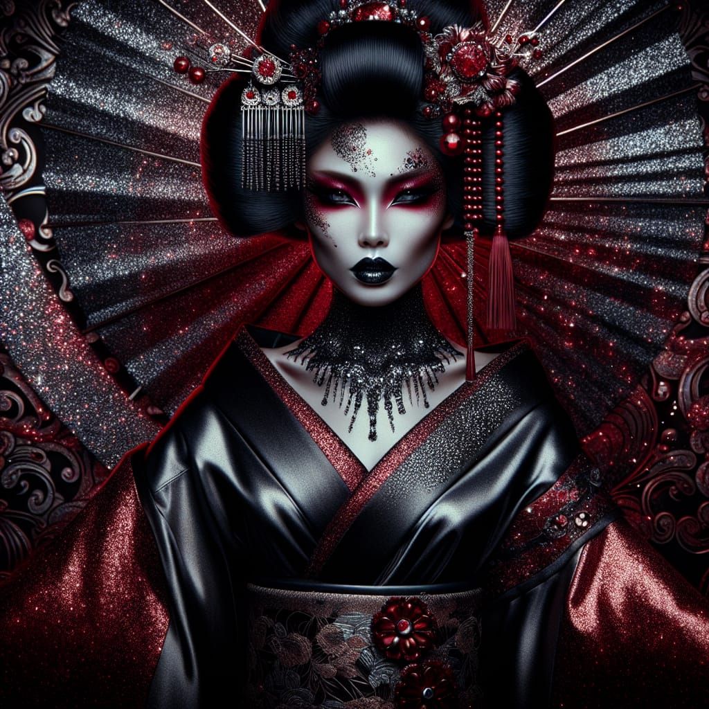 Gothic Geisha in Metallic Silk with Ruby Jewels