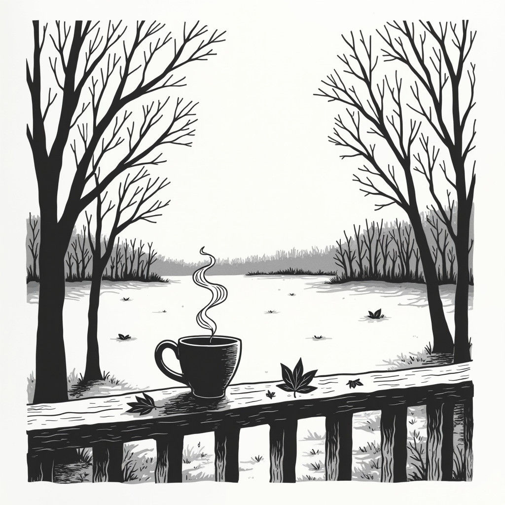 Woodcut Coffee Cup on a Fall Morning