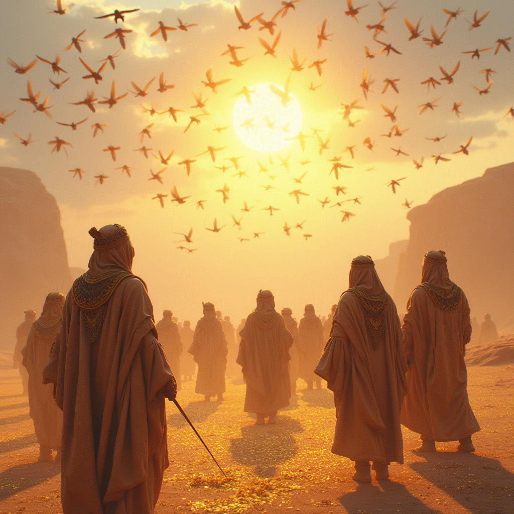 Ancient Israelites Gather Manna in Desert Landscape
