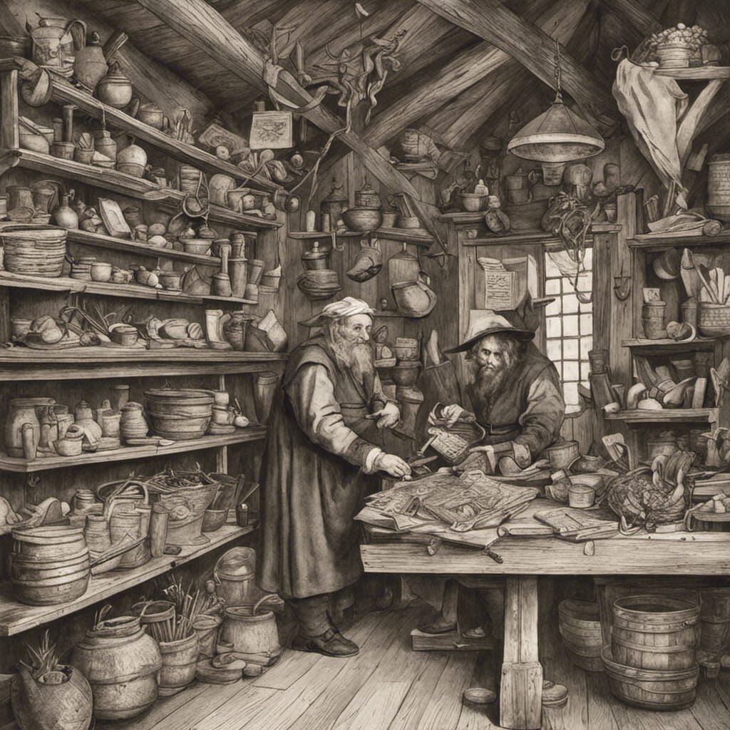 Old charpenter in his medieval shop, style of Brueghel