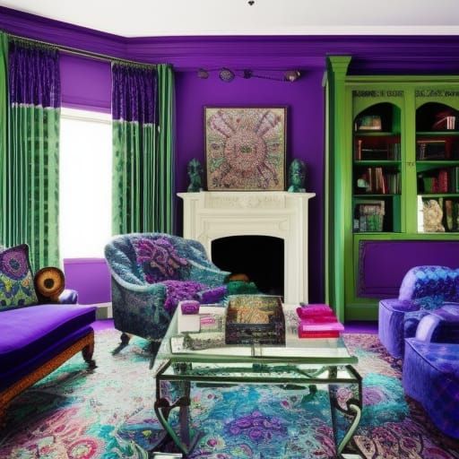 Eccentric whimsical living room with purple walls with cobalt blue accents& whimsical windows with Emerald green curtain...