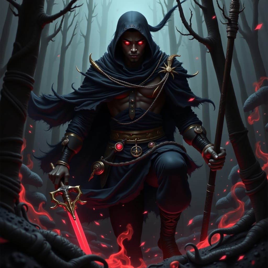 Dark Cultivator with Crimson Staff in Ominous Landscape