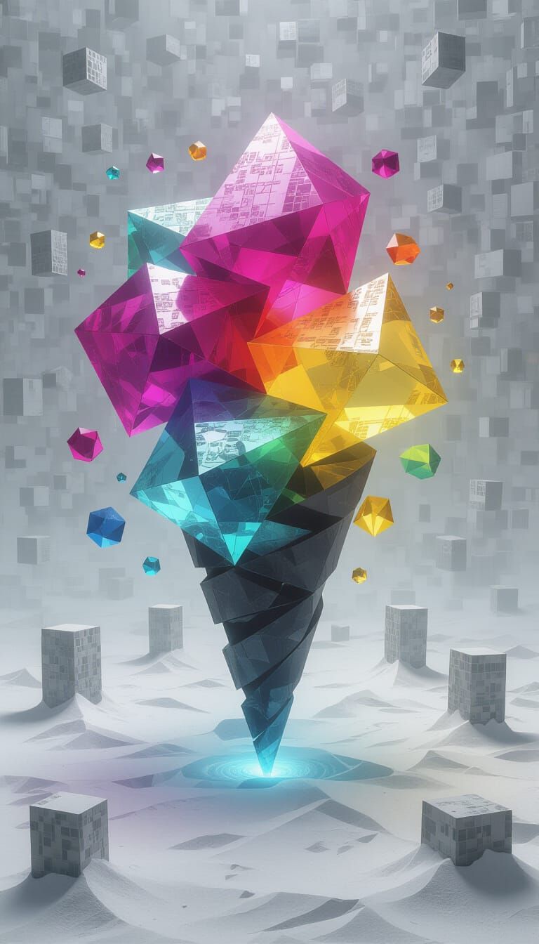 Ethereal Geometric Objects in Mystical Blizzard Digital Pain...