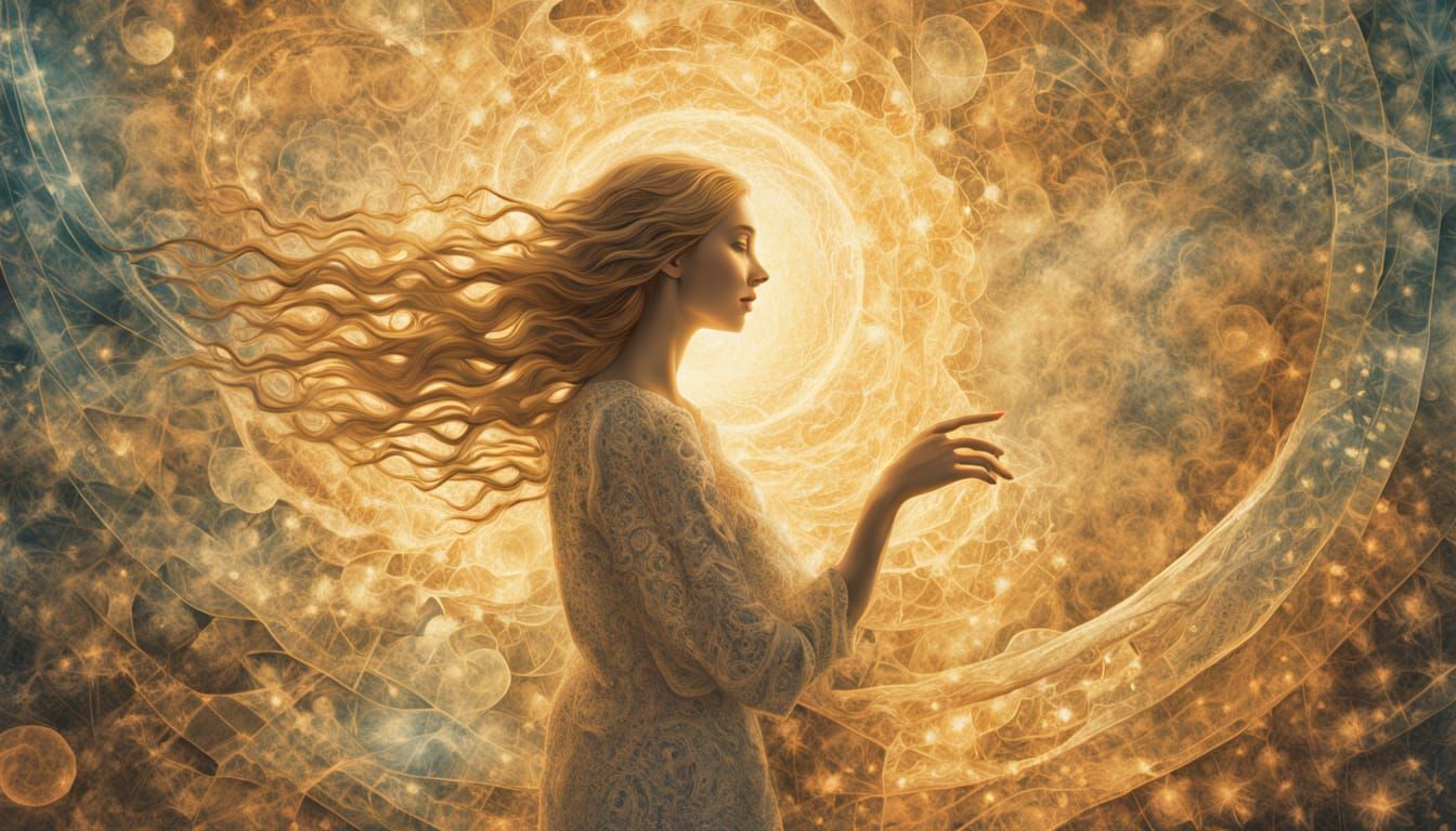 Ethereal Woman with Cat in Plasma Portals