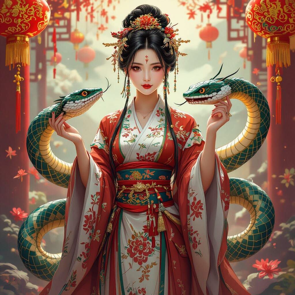 Chinese Goddess with Snake Digital Artwork