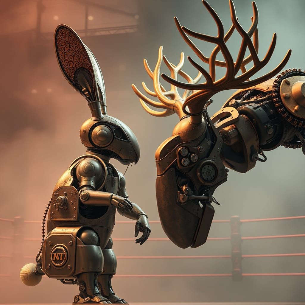 Robotic Rabbit vs Moose in Art Nouveau Style