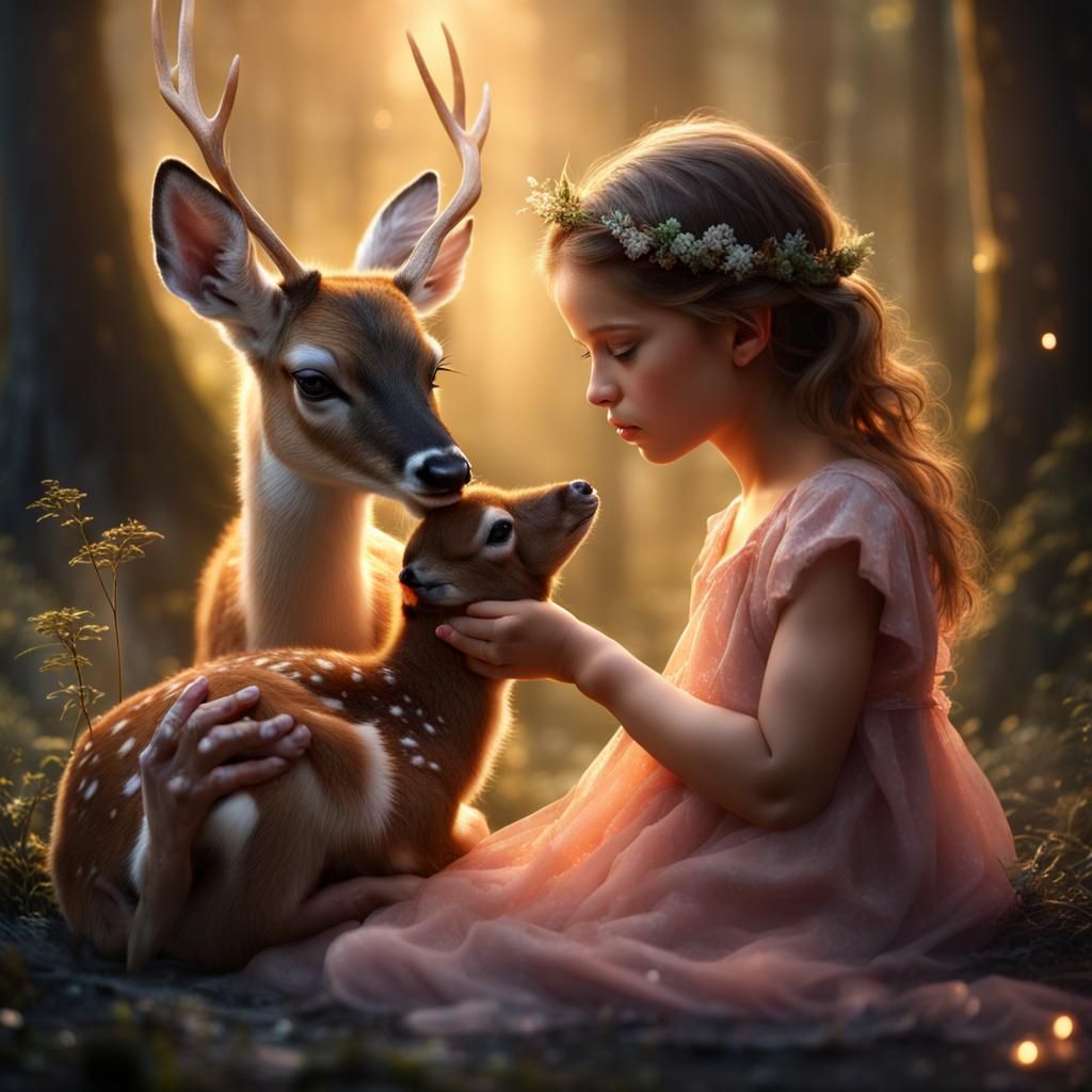 Girl with baby deer