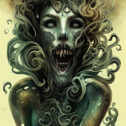 Macabre Hydra in Graveyard: Ink and Gouache Illustration