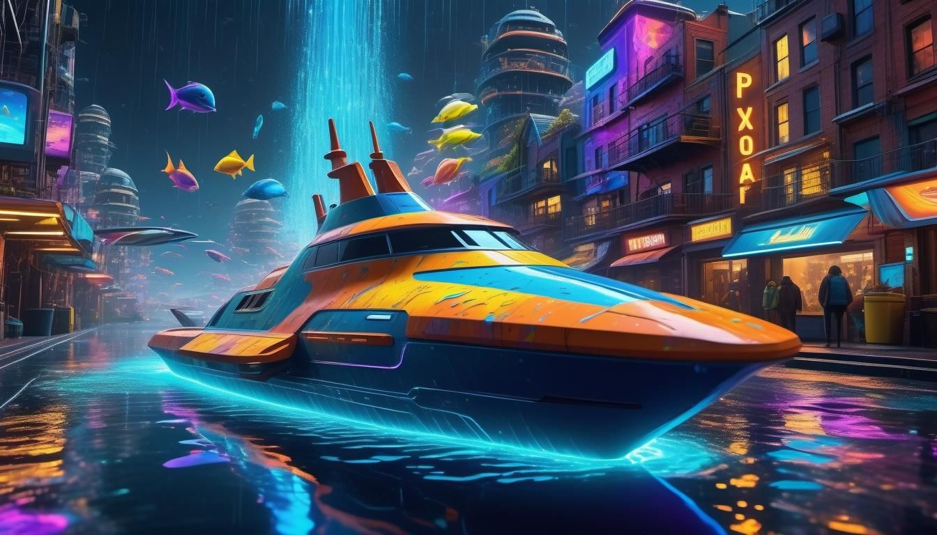 A futuristic harbor blending technology with marine beauty, ...