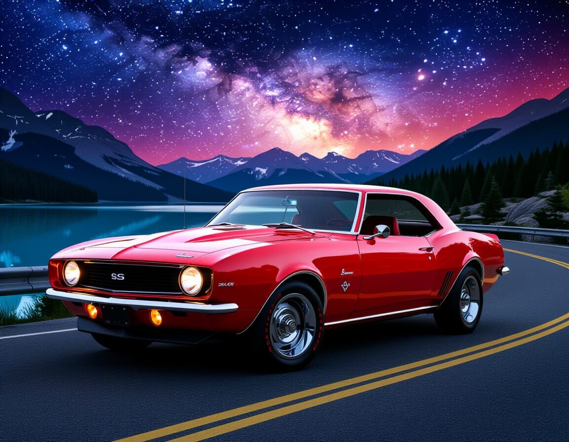 Red 1967 Chevrolet Camaro on Alien Planet Road