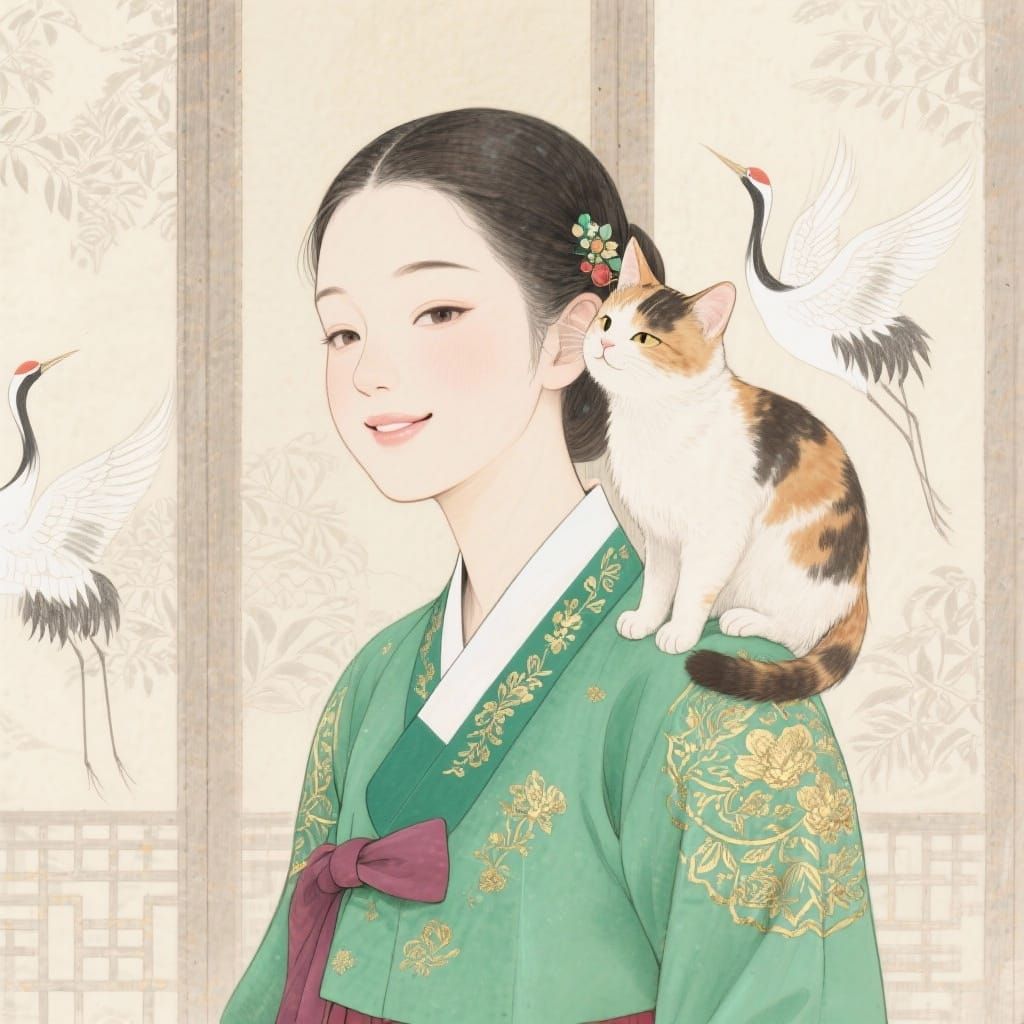 Manhwa Style Elegant Woman with Cat in Hanbok