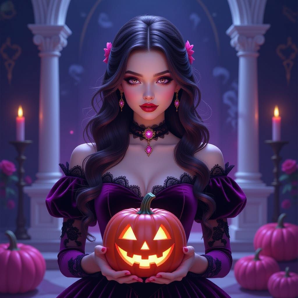 Vampire Girl with Shimmering Pumpkin in Castle Hall