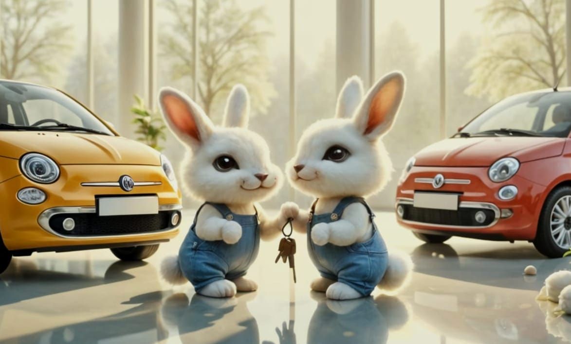 Cute Bunny Twins Inspect Fiat 500 Cars with Keys