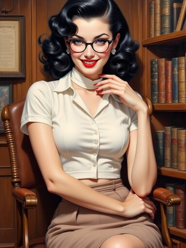 1940s Pinup Library Woman Oil Painting