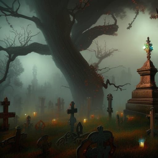 Ethereal Ghosts Dance in Graveyard, Digital Art