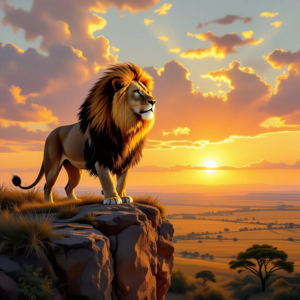 Majestic Lion on Cliff Overlooking Savanna at Sunset