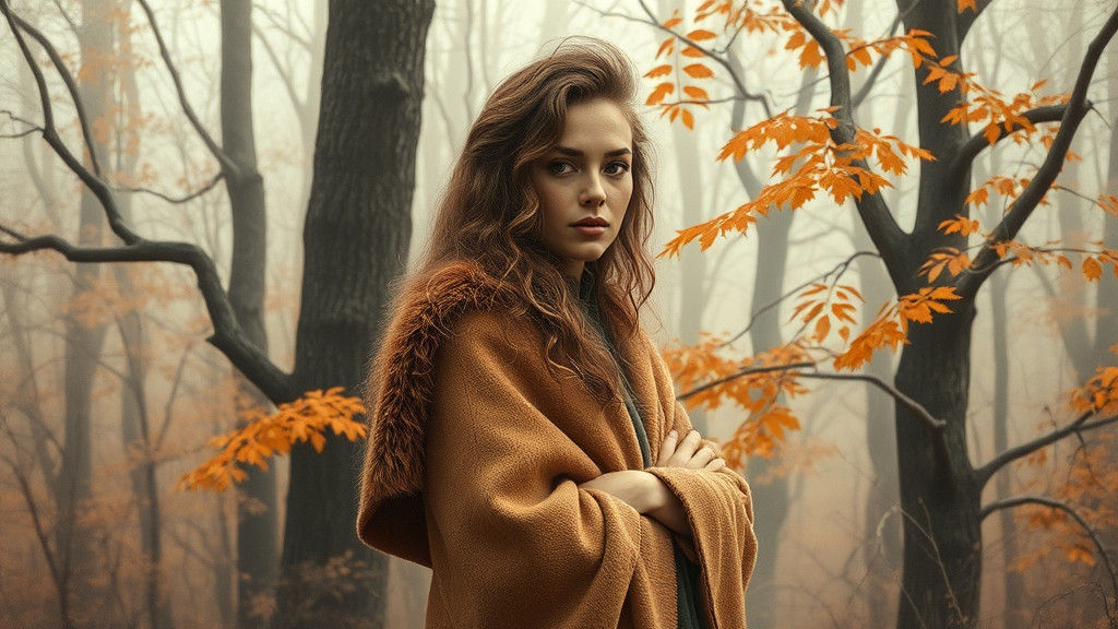 Woman in Autumn Forest, Sepia Impressionist Style