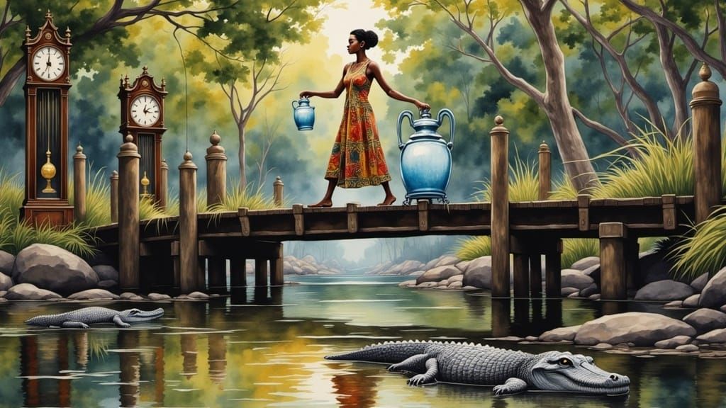 African Woman with Water Jug on Bridge