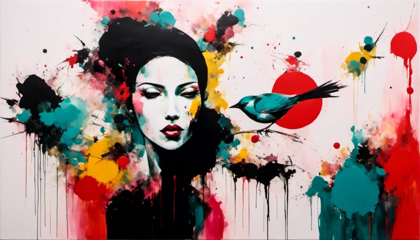 Woman Feeding Birds in Abstract Painterly Style