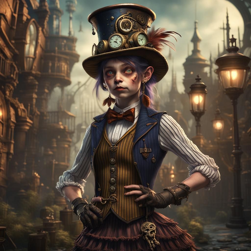 Steampunk Goblin Girl in Striped Vest and Tophat