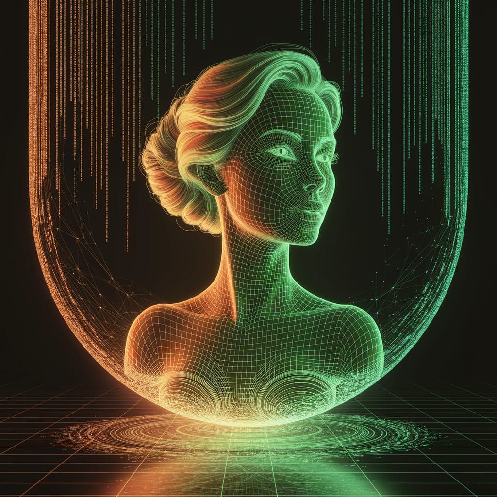 Digital Portrait of Woman Made of Green Code