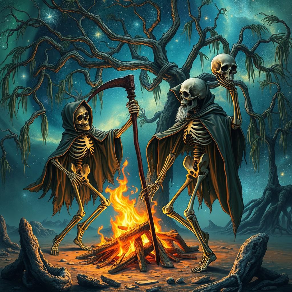 Medieval Skeletons Dance Under Cosmic Willow Tree