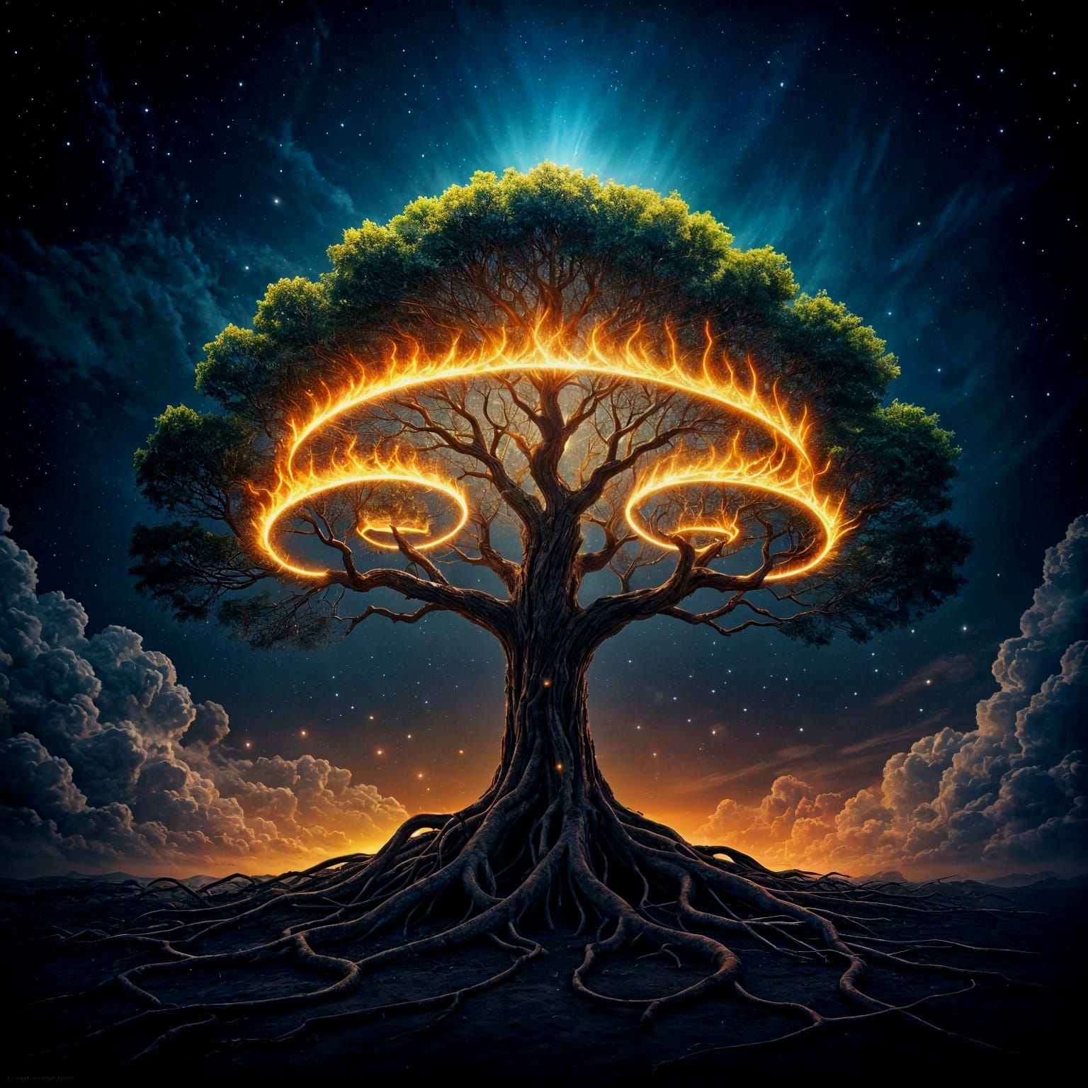 Ethereal Tree of Golden Flames Ascends to the Cosmos