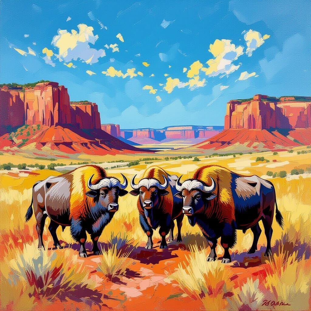 Three Buffalos in Red Canyon under Blue Skies, Neo-Impressio...