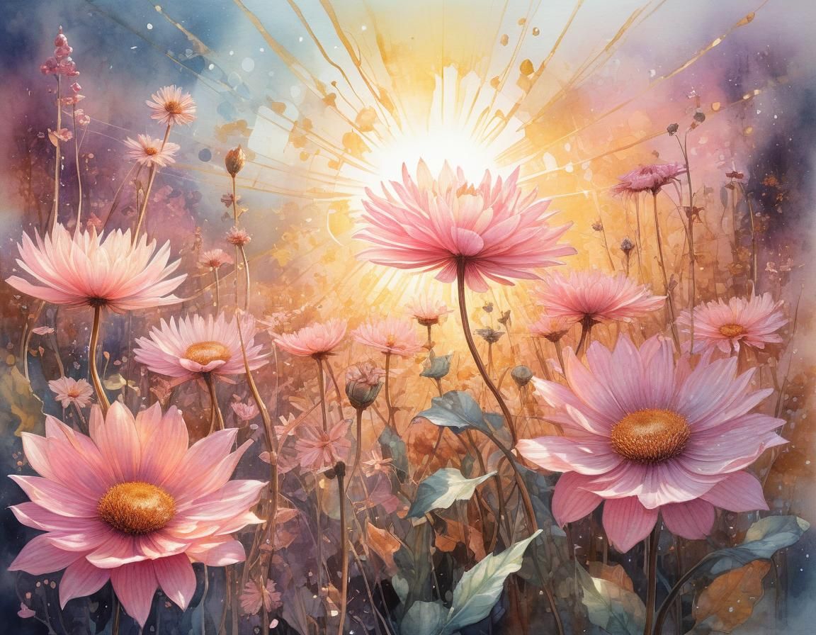 Ethereal Pink-Gold Floral Design in Watercolor Style